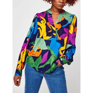 Frnch Paris Colorful Abstract Long Sleeve Blouse Medium